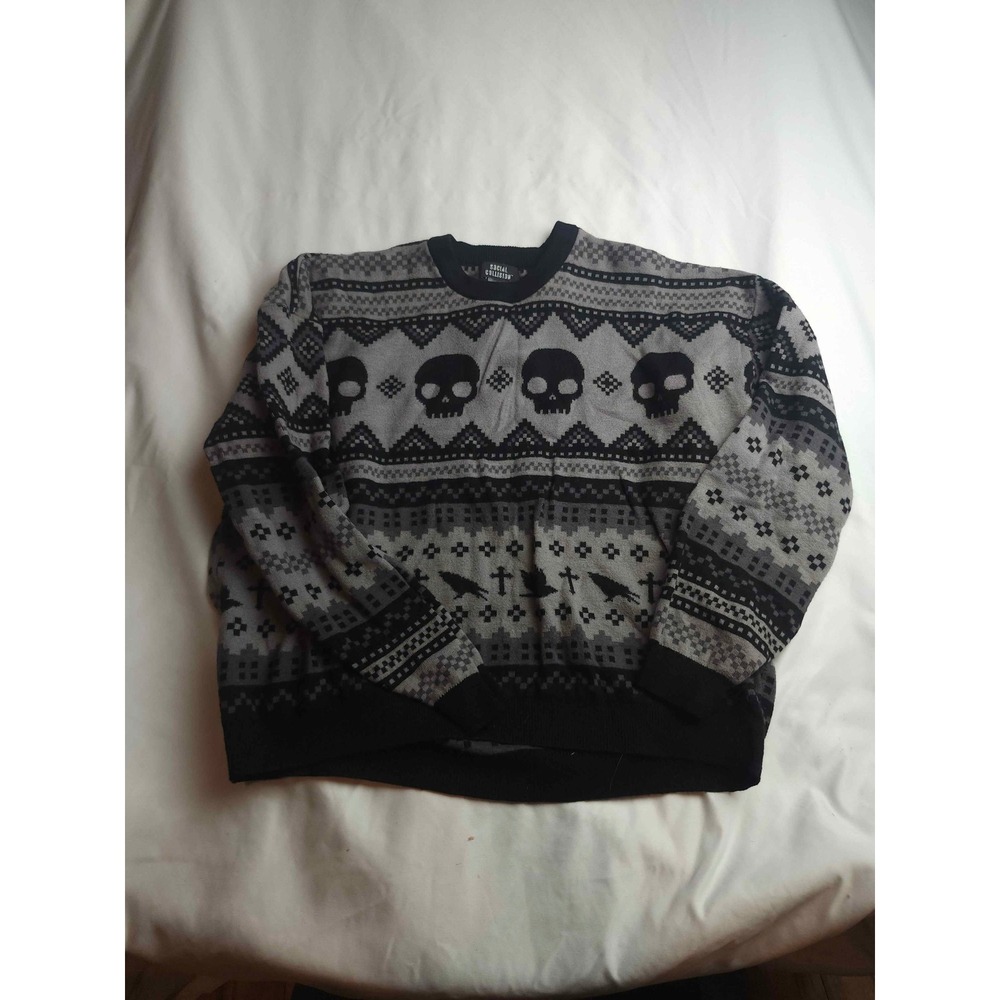Social Collision Skull Raven Cross Fair Isle Knit Sweater Grey Black Emo Goth SM
